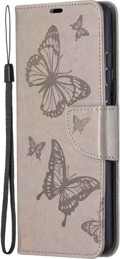 Samsung Galaxy S21 Ultra PU Skinndeksel m. Lommebok - Sommerfugler Imprint - Grå