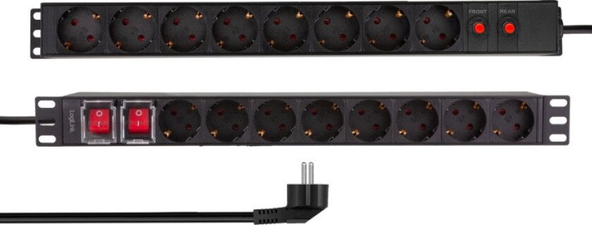 16-vägs grenuttag med överspänningsskydd för 19"-rack U1 Svart