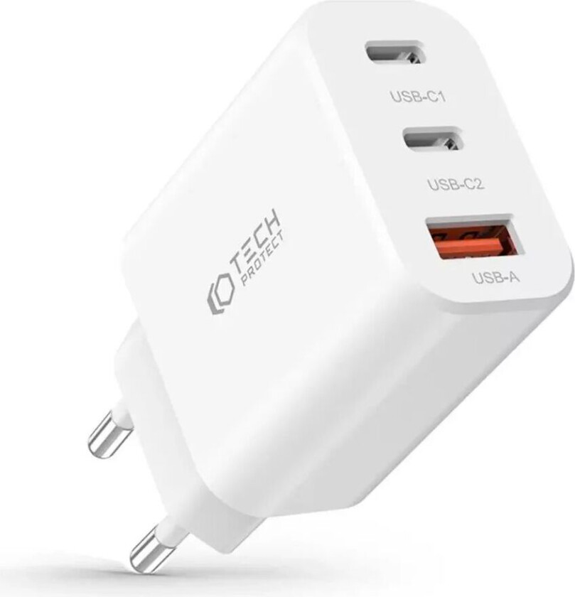 Tech-Protect NC 30W Vegglader med 2 x USB-C og 1 x USB-A - Hvit