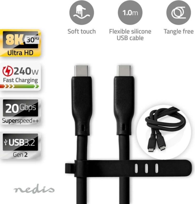 USB-kabel | USB 3.2 Gen 2 | USB-C™ Hann | USB-C™ Hann | 240 W | 8K@30Hz | 20 Gbps | Nikkel belagt | 1.00 m | Rund | Siliko