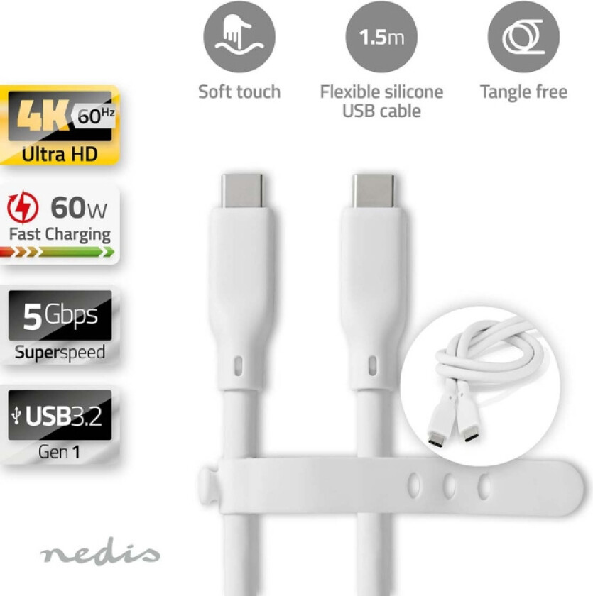 USB-kabel | USB 3.2 Gen 1 | USB-C™ Hann | USB-C™ Hann | 60 W | 4K@60Hz | 5 Gbps | Nikkel belagt | 1.50 m | Rund | Silikon