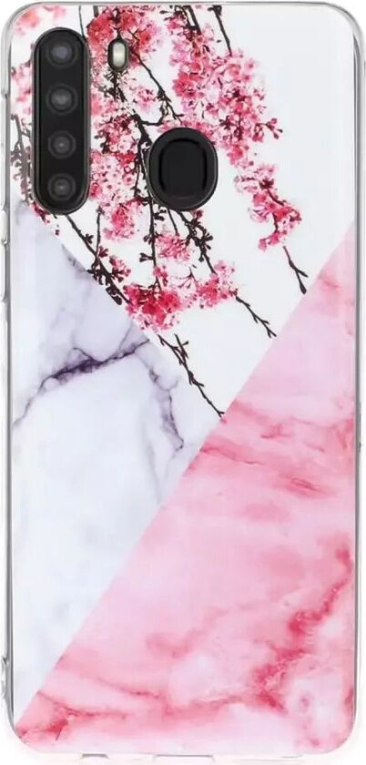 Samsung Galaxy A21 Fleksibel Plast Bakdeksel med Marmor Print - Rosa Marmor / Blomster