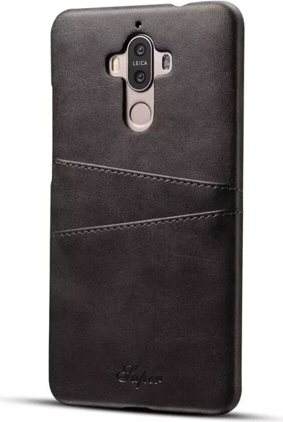 Huawei Mate 9 Plastikk Deksel m. PU Skinn og Kortholder - Svart