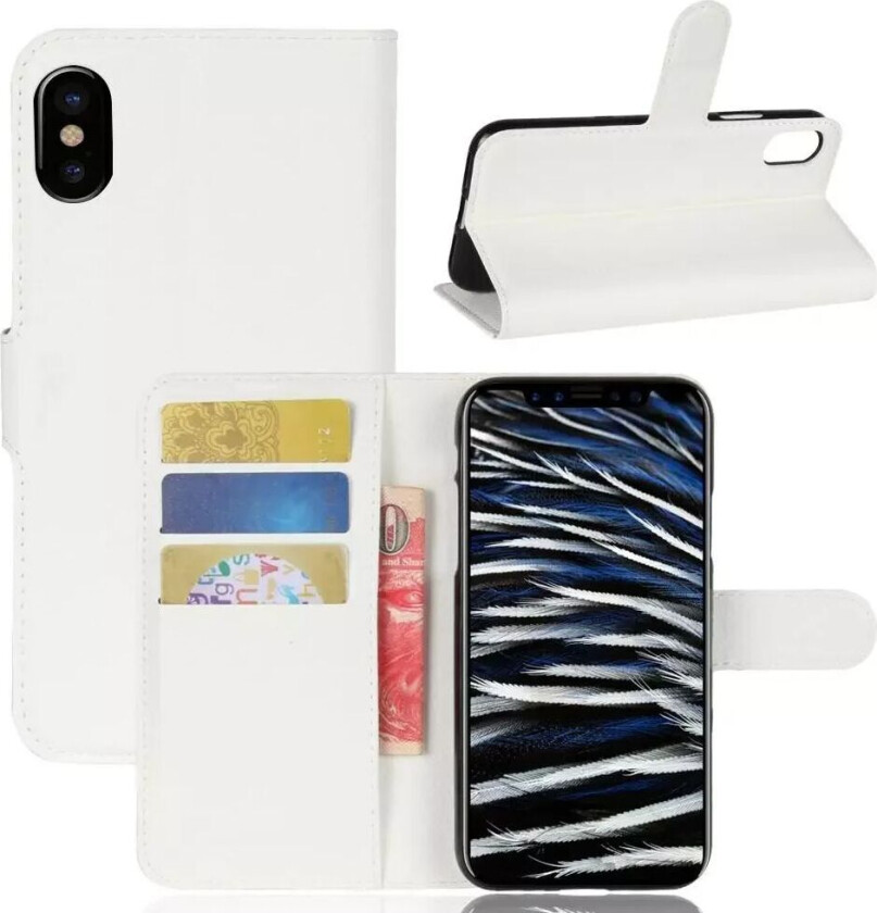 iPhone X/XS Litchi Flip Deksel m. Kortholder - Hvit