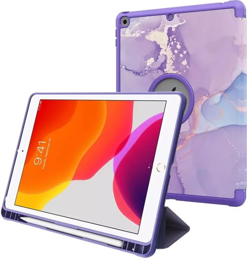 iPad 10.2" (2021 / 2020 / 2019) Flip Deksel m. Ståfunksjon & Pencil Holder - Lilla Marmor