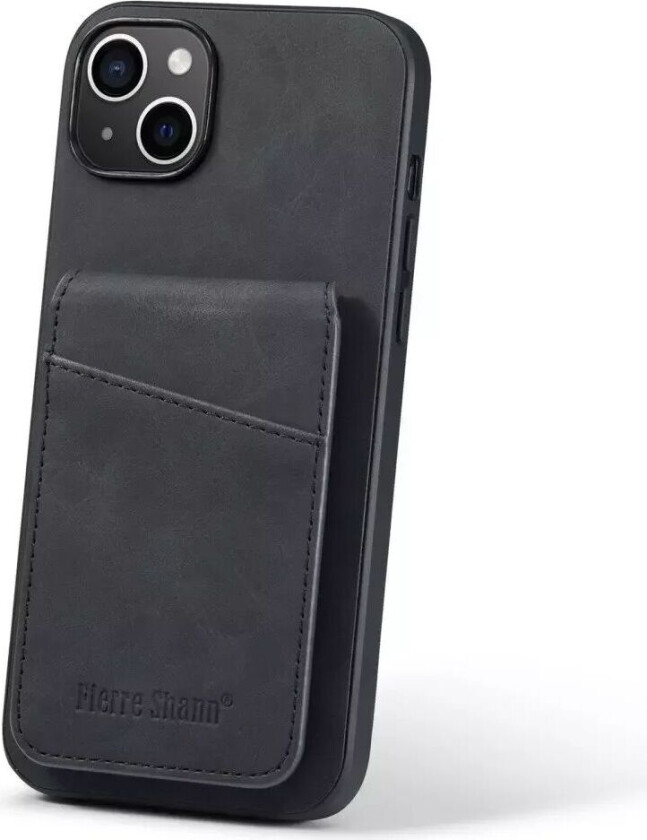 iPhone 14 Skinndekket Plast Deksel med Kortholdere og Stativfunksjon - Svart