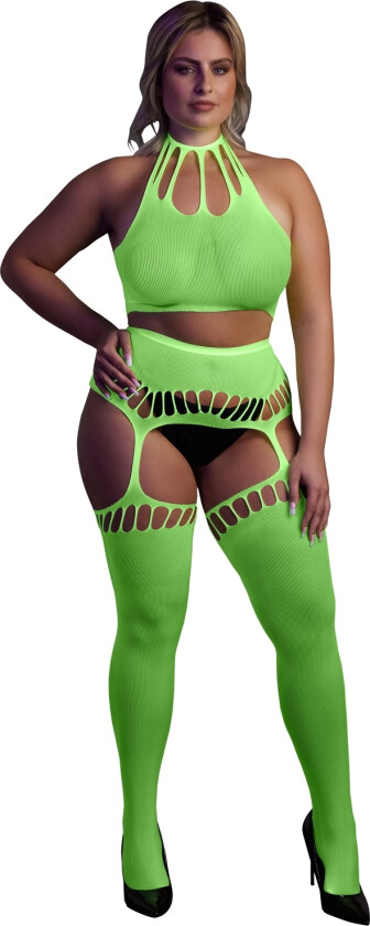 Glow in The Dark Neongrønn Crop Top med Strømper Plus Size - Grønn - Plus size