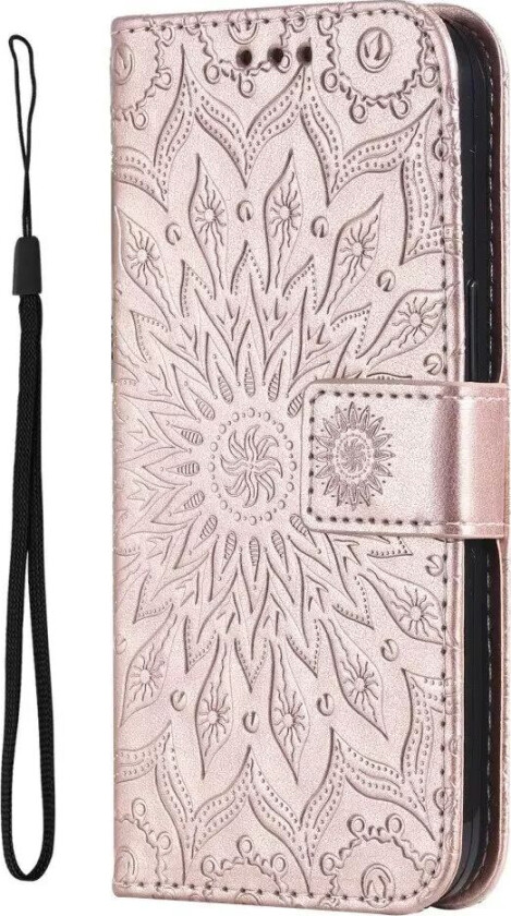 iPhone 15 Pro Skinn Deksel med Lommebok og Stropp - Mandala Blomst - Rose Gold