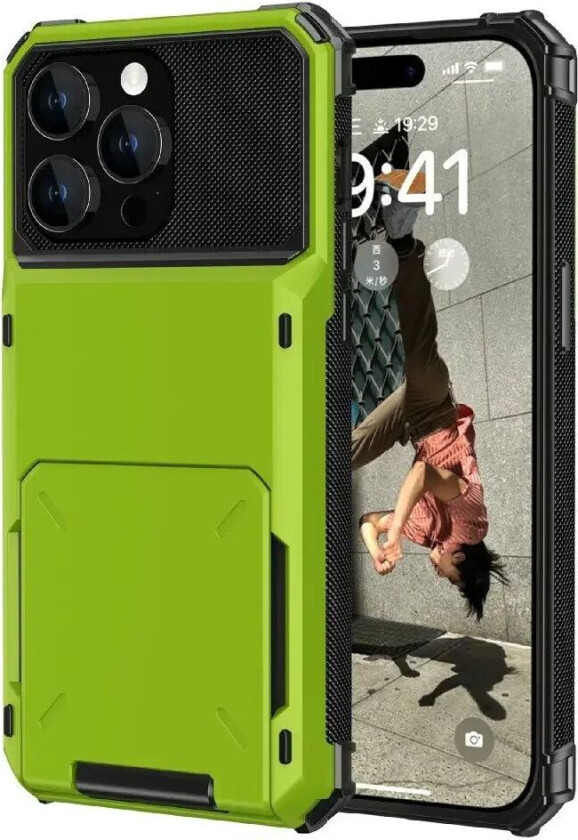 iPhone 15 Hybrid Plast Håndverker Deksel m. Kortholder - Grønn