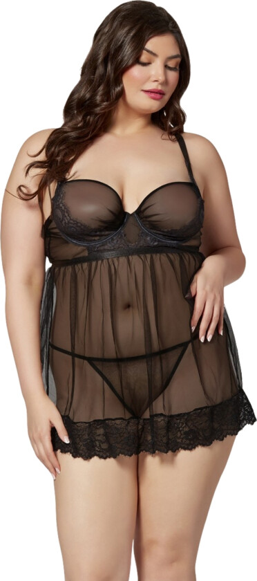 Svart Todelt Tyll Babydoll med G-streng Plus Size - Svart - XL/2XL