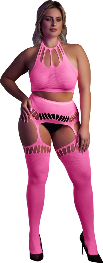 Glow in The Dark Neonrosa Crop Top med Strømper Plus Size - Lyserosa - Plus size