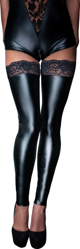 Wet Look Strømper med blondekanter - Svart - L