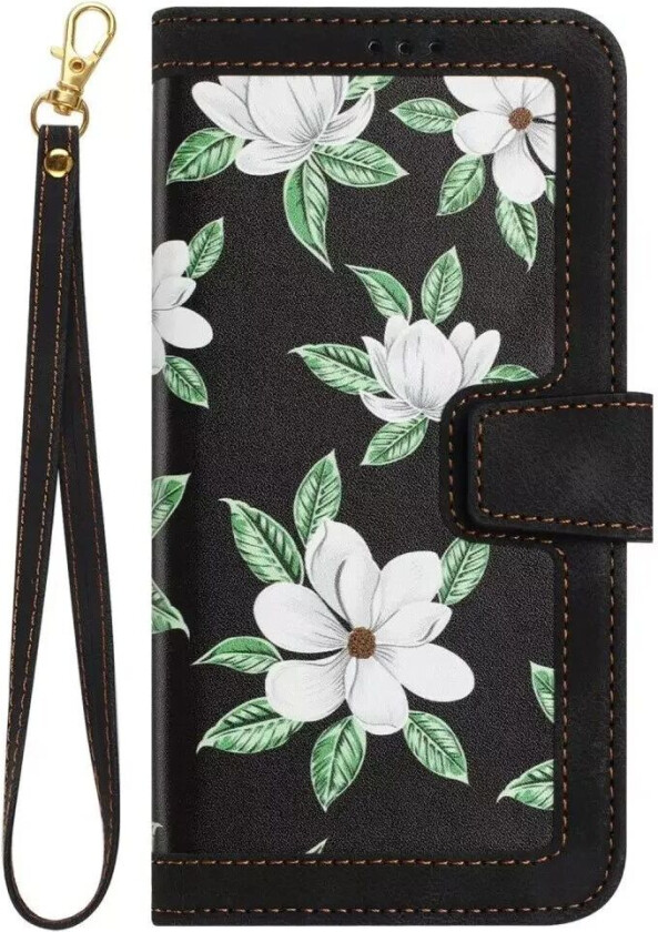 iPhone 15 Plus Leather Flip Cover med Lommebok og Stropp - Svart m. Blomster