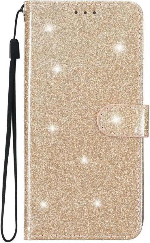 Samsung Galaxy S24+ (Plus) Konstläder Deksel med Lommebok og Stropp - Glitter - Gull