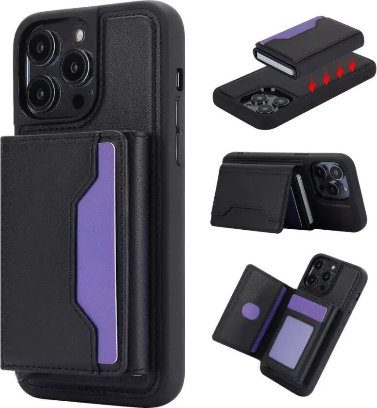 iPhone 15 Pro Skinndekket Plastdeksel med Magnetisk Avtakbar Lommebok - Svart