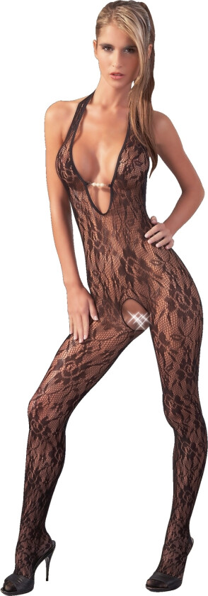 Halterneck Catsuit i Blonder med Perler - Svart - L/XL