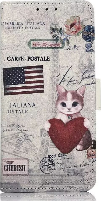 iPhone 15 Pro Max Skinn Deksel med Lommebok - Katt med Hjerte