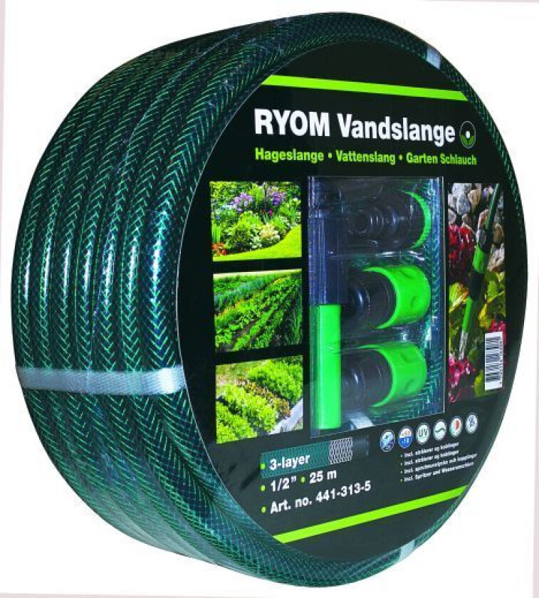 Vannslange grønn 1/2 med koblinger, 25M