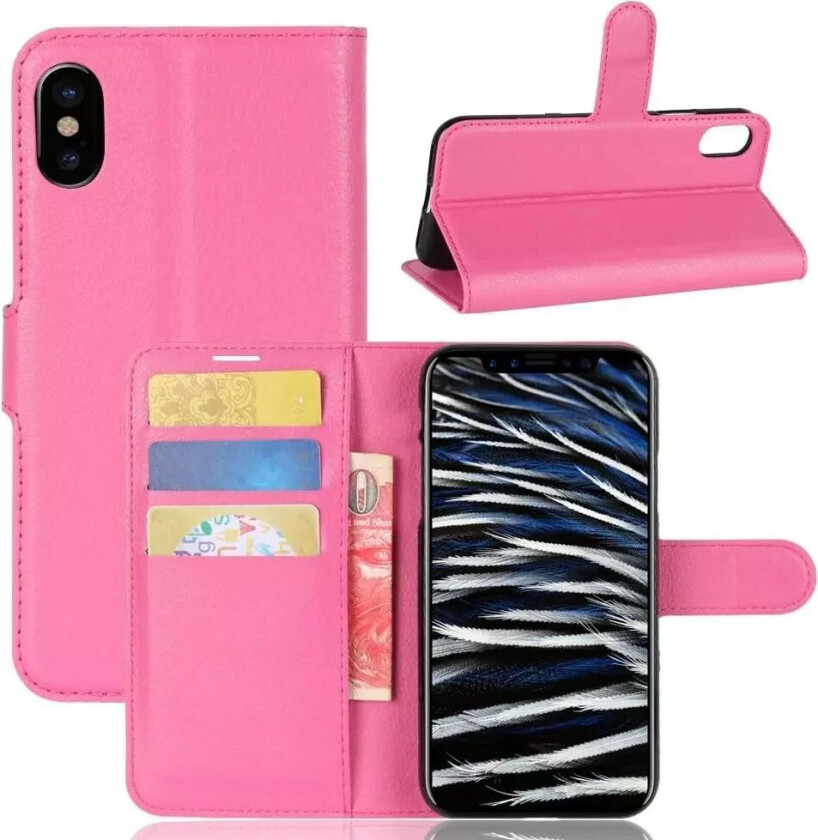 iPhone X/XS Litchi Flip Deksel m. Kortholder - Rosa