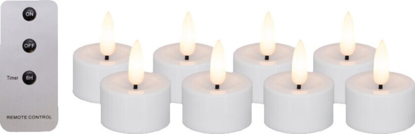 Cozzy telys, 3D flamme, hvit, 8 stk inkl. fjernkontroll