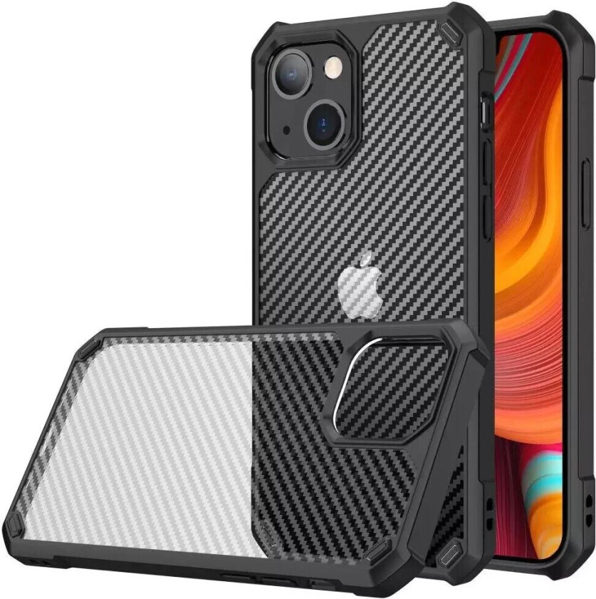iPhone 14 Plastbakdeksel m. Carbon Look - Gjennomsiktig / Svart