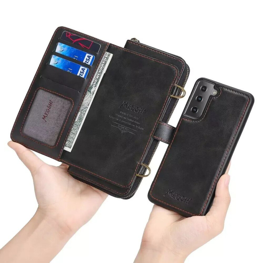 Samsung Galaxy S21 FE (5G) MEGSHI 2-i-1 Magnetisk PU Skinn Flip Deksel med Ekstra Stor Magnetisk Veske - Svart