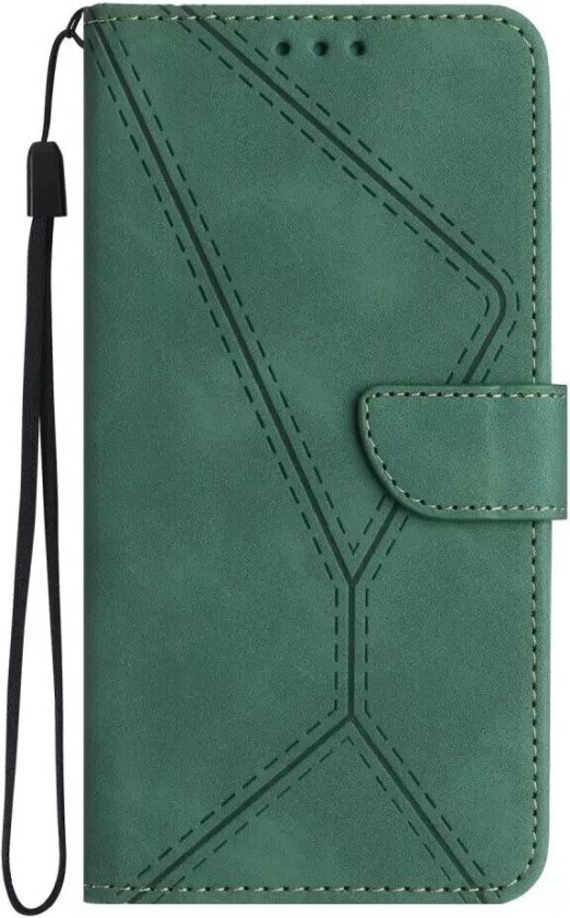 iPhone 15 Pro Max Skinn Deksel med Lommebok og Stropp - Linjemønster - Grønn