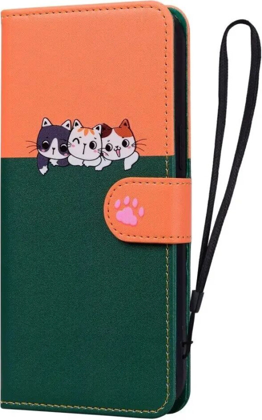 Samsung Galaxy S24 Ultra Flip Deksel med Stropp / Ståfunksjon / Kortholder - Oransje / Grønn (katter)