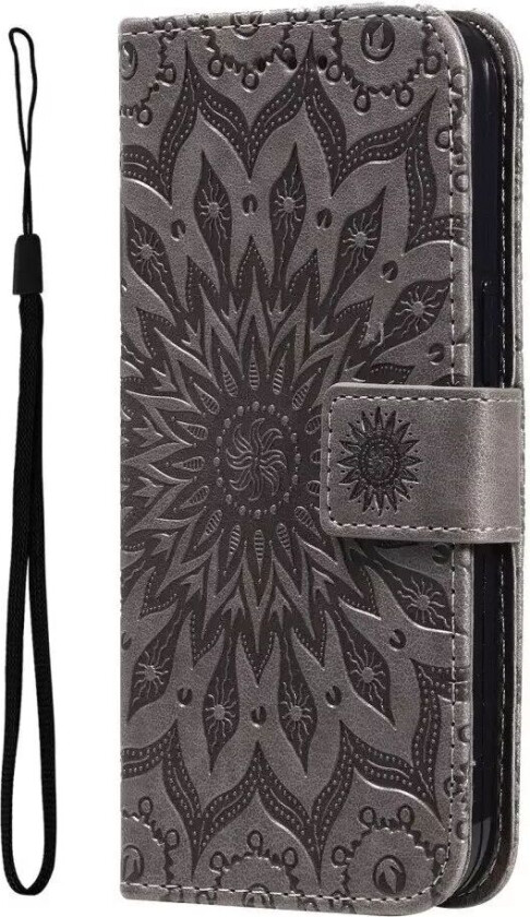 iPhone 15 Pro Max Skinn Deksel med Lommebok og Stropp - Mandala Blomst - Grå