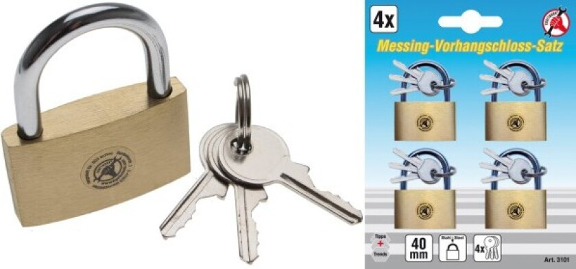 BGS Messing Hengelås 40mm med 3 Nøkler, 4 stk pakke