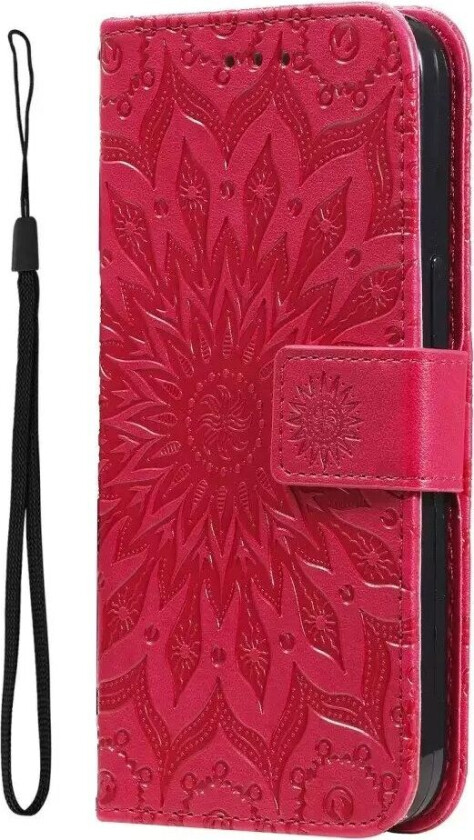 iPhone 15 Pro Skinn Deksel med Lommebok og Stropp - Mandala Blomst - Rød