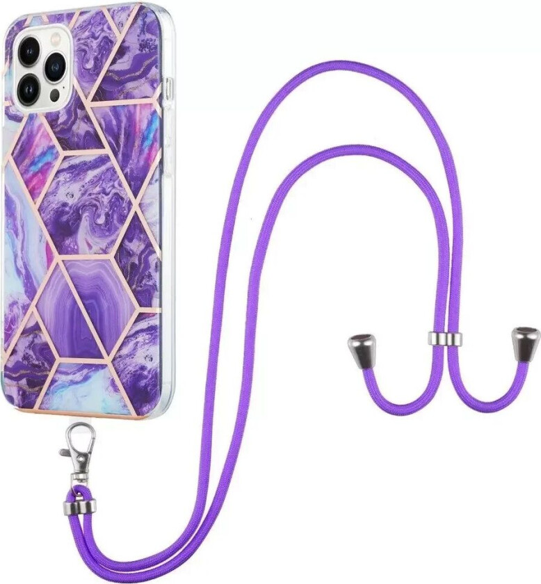 iPhone 14 Pro Max Fleksibelt Plastdeksel m. Stropp - Marmor - Mørklilla