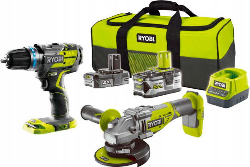 Ryobi R18CK2BL-252S ONE+ batterivinkelsliper + slagbor/skrutrekker m/batteri (18V)