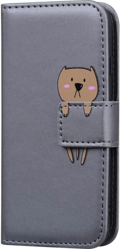 iPhone 15 Pro Flip Deksel med Stropp / Ståfunksjon / Kortholder - Grå (Hund)