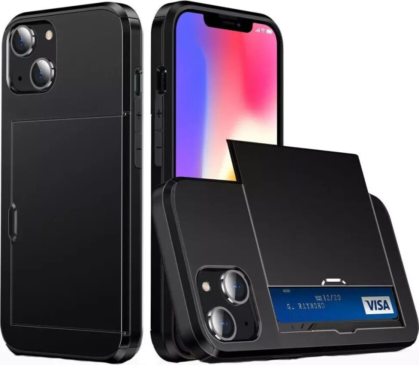 iPhone 14 Plus Drop Proof Deksel m. Lommebok - Svart