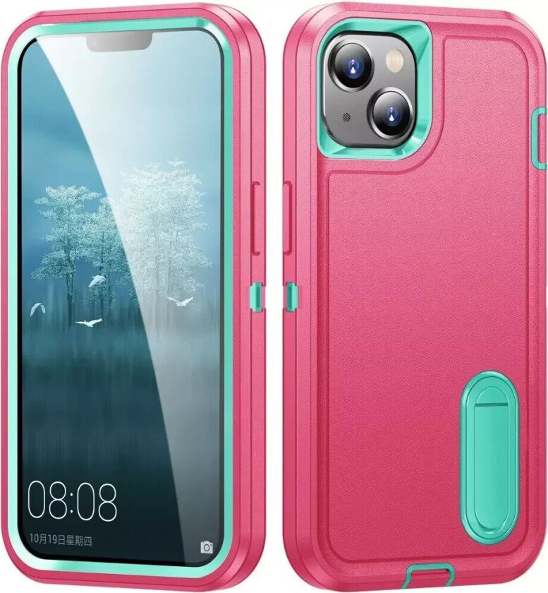 iPhone 15 Hybrid Håndverkerdeksel m. Stativ - Rosa / Turkis