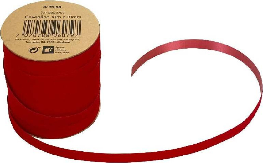 Gavebånd 10m x 10mm fløyel rød