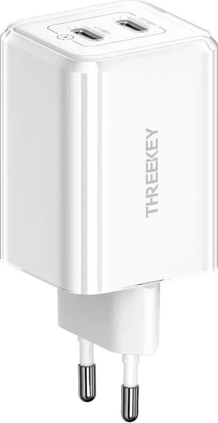 Threekey PD 35W USB-C GaN Fast Vegglader m. 2 x USB-C - Hvit
