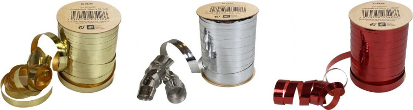 Gavebånd 50m x 10mm rød sølv gull