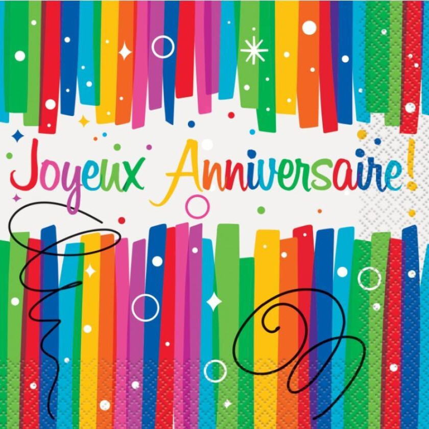 Servietter Joyeux Anniversaire -Regnbuebånd-, pk/16