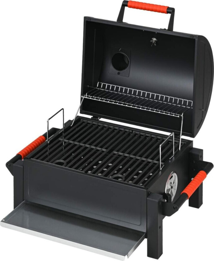 hule tregrill, bordgrill med grillstativ, kullbrett, campinggrill med lokk, håndtak, termometer, bordgrill for piknik, hage, svart, 68,5 x 50