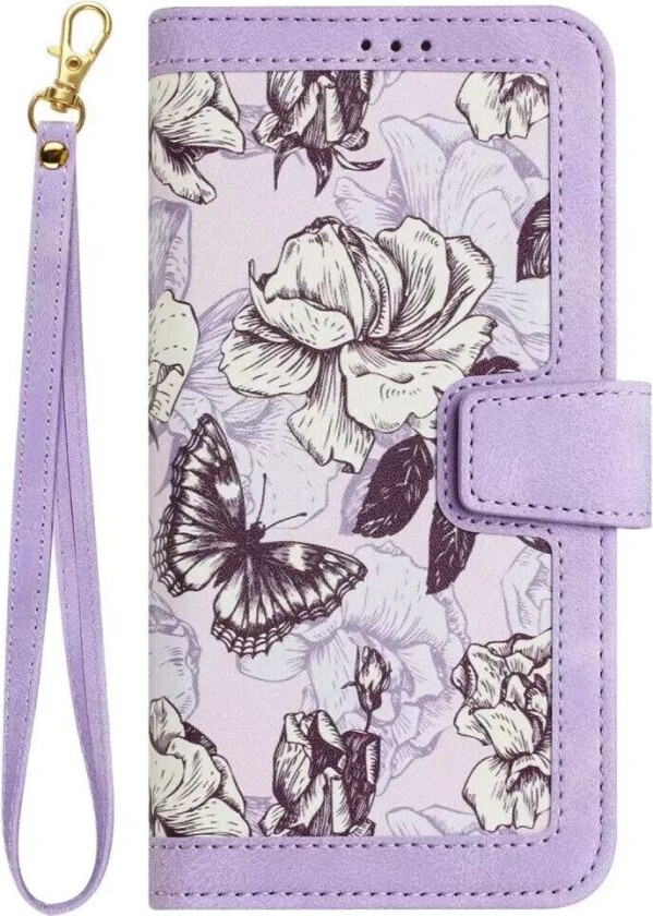 iPhone 15 Pro Leather Flip Cover med Lommebok og Stropp - Lilla med Blomster og Sommerfugl