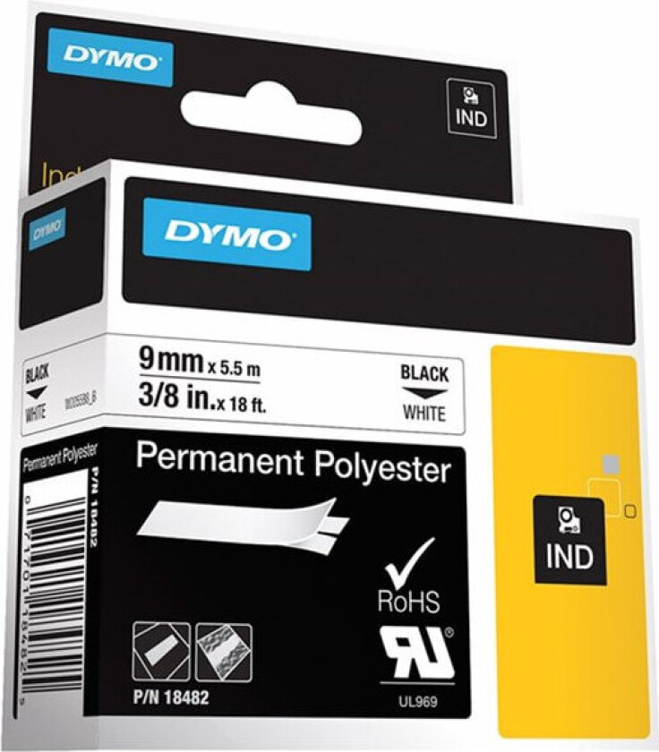 Dymo Rhino Permanent vinyletiketttape - 5,5 m (9 mm) svart/hvit