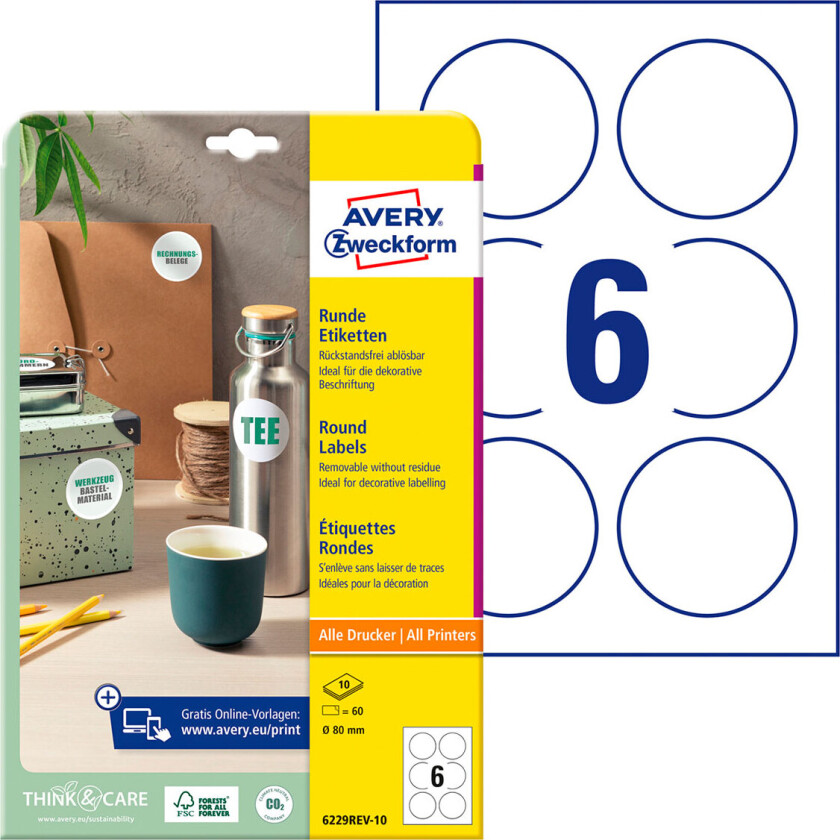 Avery Round Labels (Ã80mm) 60 stk