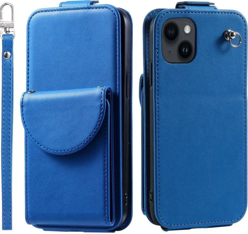 iPhone 15 Vertikalt Kunst Skinn Flip Deksel med Lommebok / Ståfunksjon / Stropp - Blå