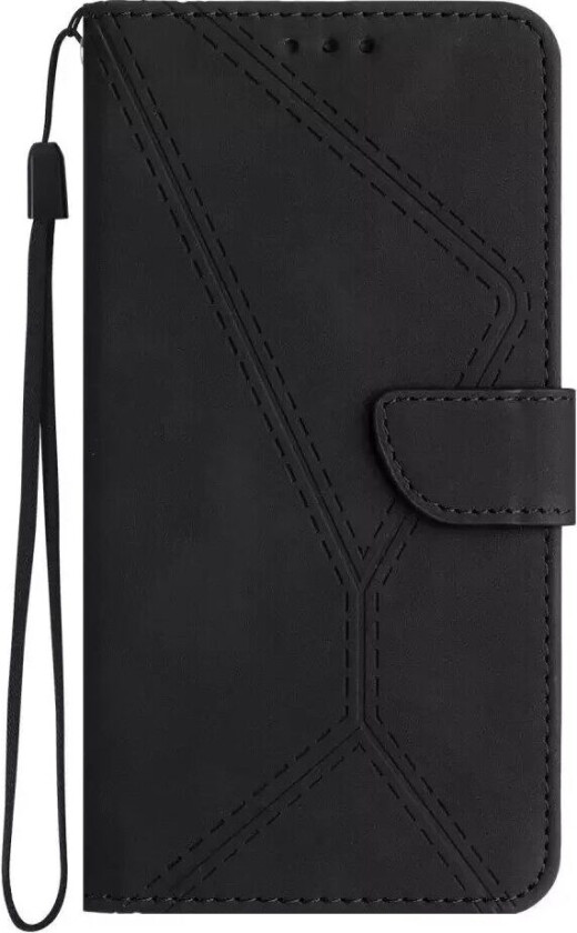 iPhone 15 Pro Max Skinn Deksel med Lommebok og Stropp - Linjemønster - Svart