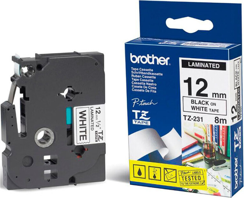 TX-231 etiketttape - 15,4 m (12 mm) svart/hvit