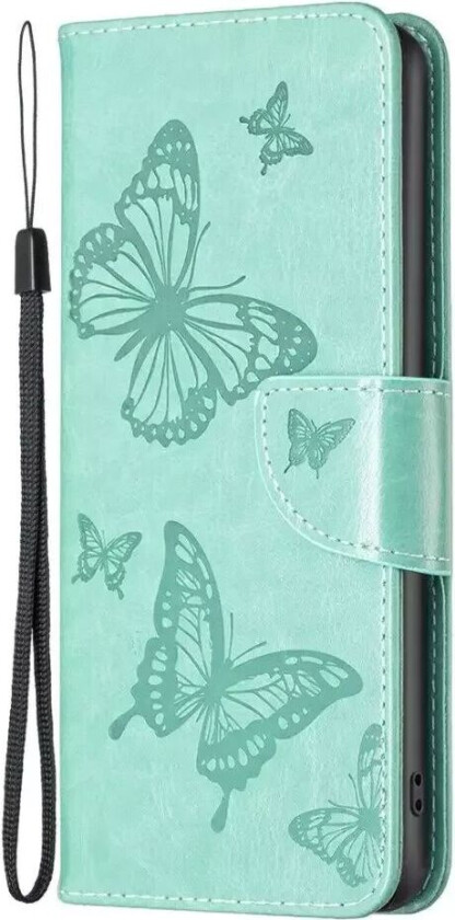 iPhone 14 Pro Max BINFIN Skinn Deksel med Lommebok & Strop - Sommerfugler - Grønn