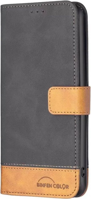 iPhone 14 Pro Flip Deksel i Mykt Skinn med Lommebok og Brun Bunn - Svart