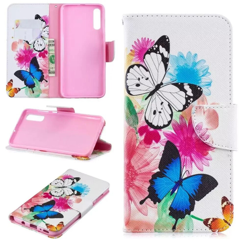 Samsung Galaxy A70 Skinn Flip Deksel - Sommerfugler & Blomster